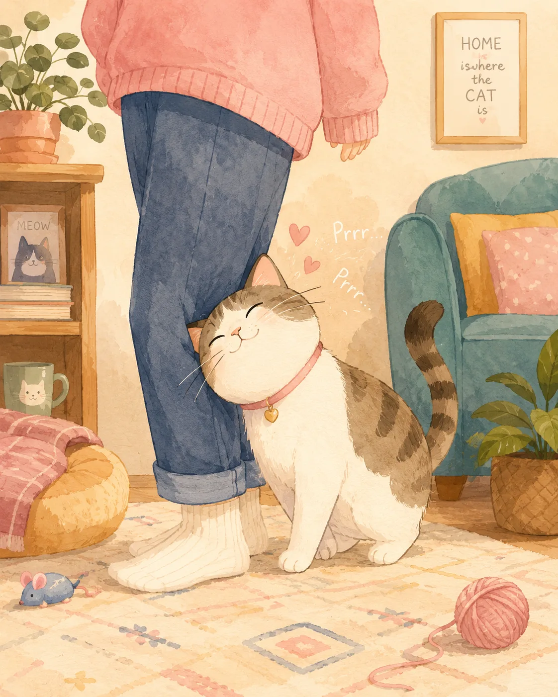 Affectionate cat purring while rubbing against a person's leg