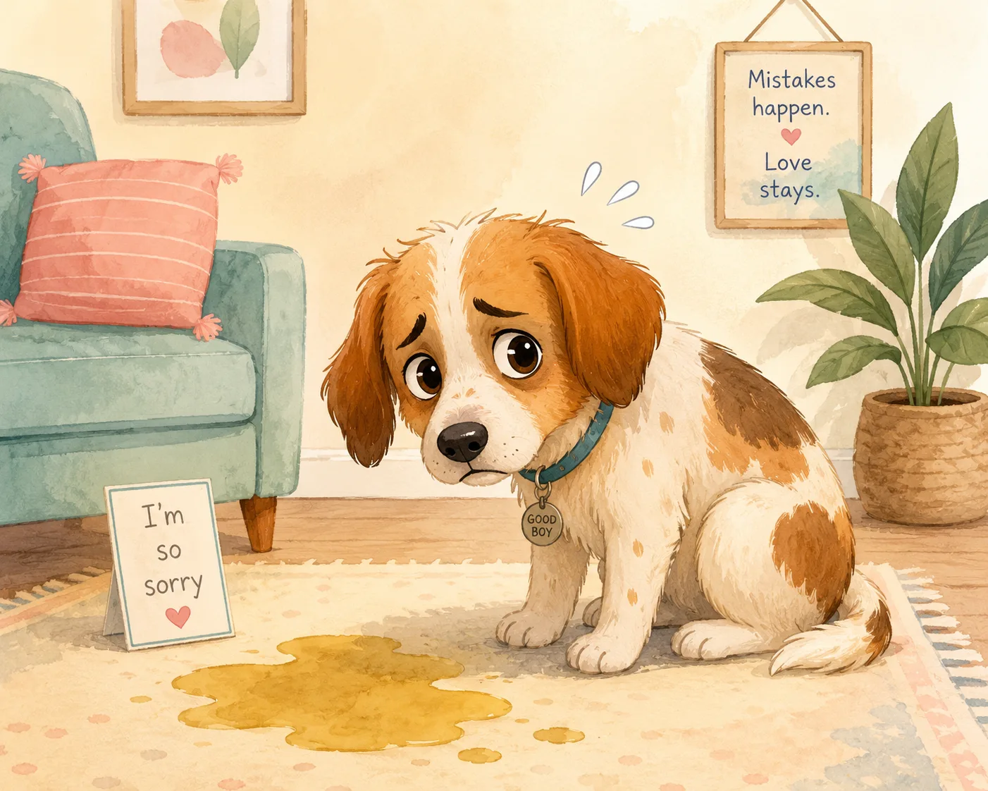 Anxious dog having an indoor accident during a stressful moment