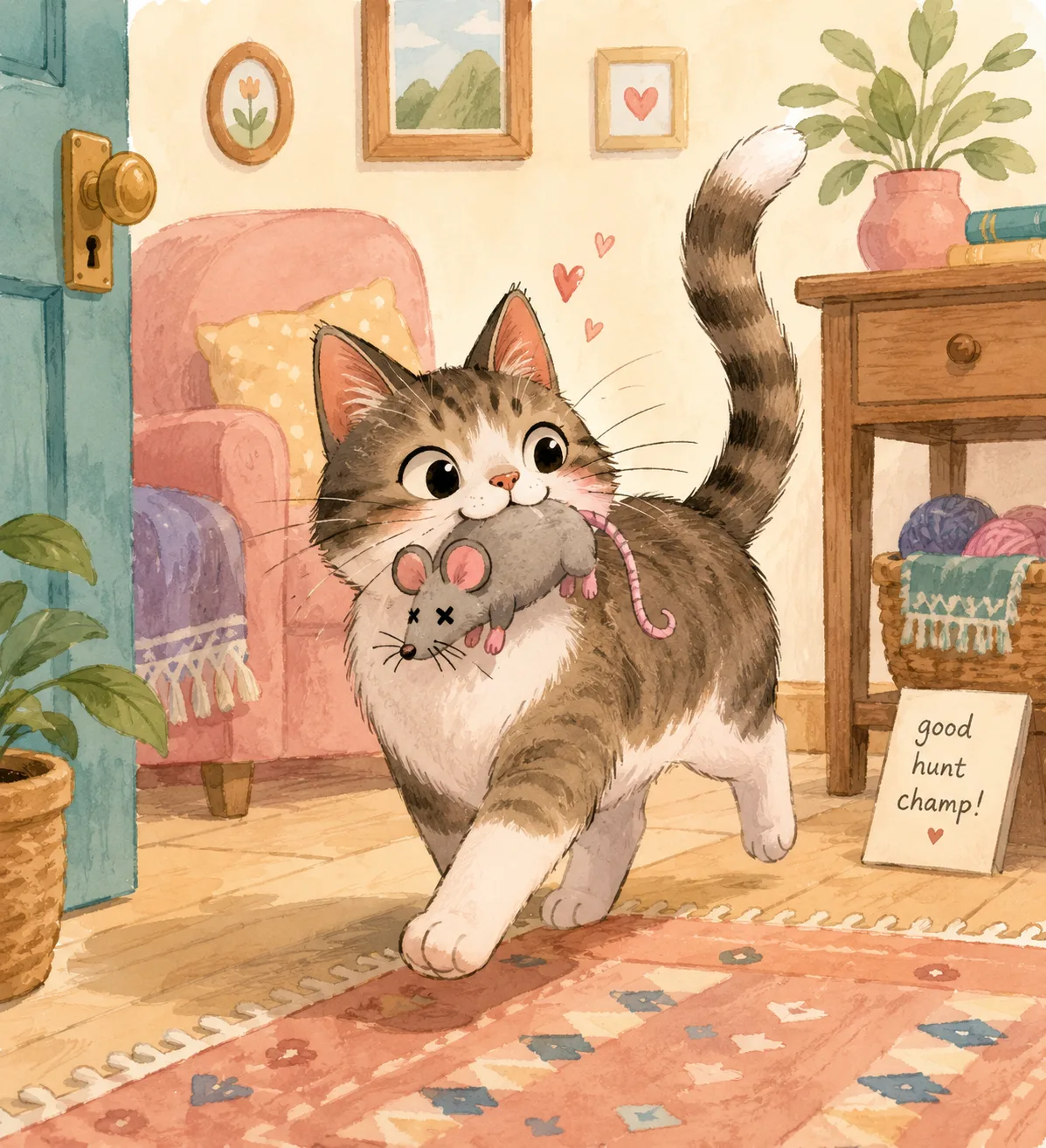 Cartoon cat proudly carrying a toy mouse like prey around the house
