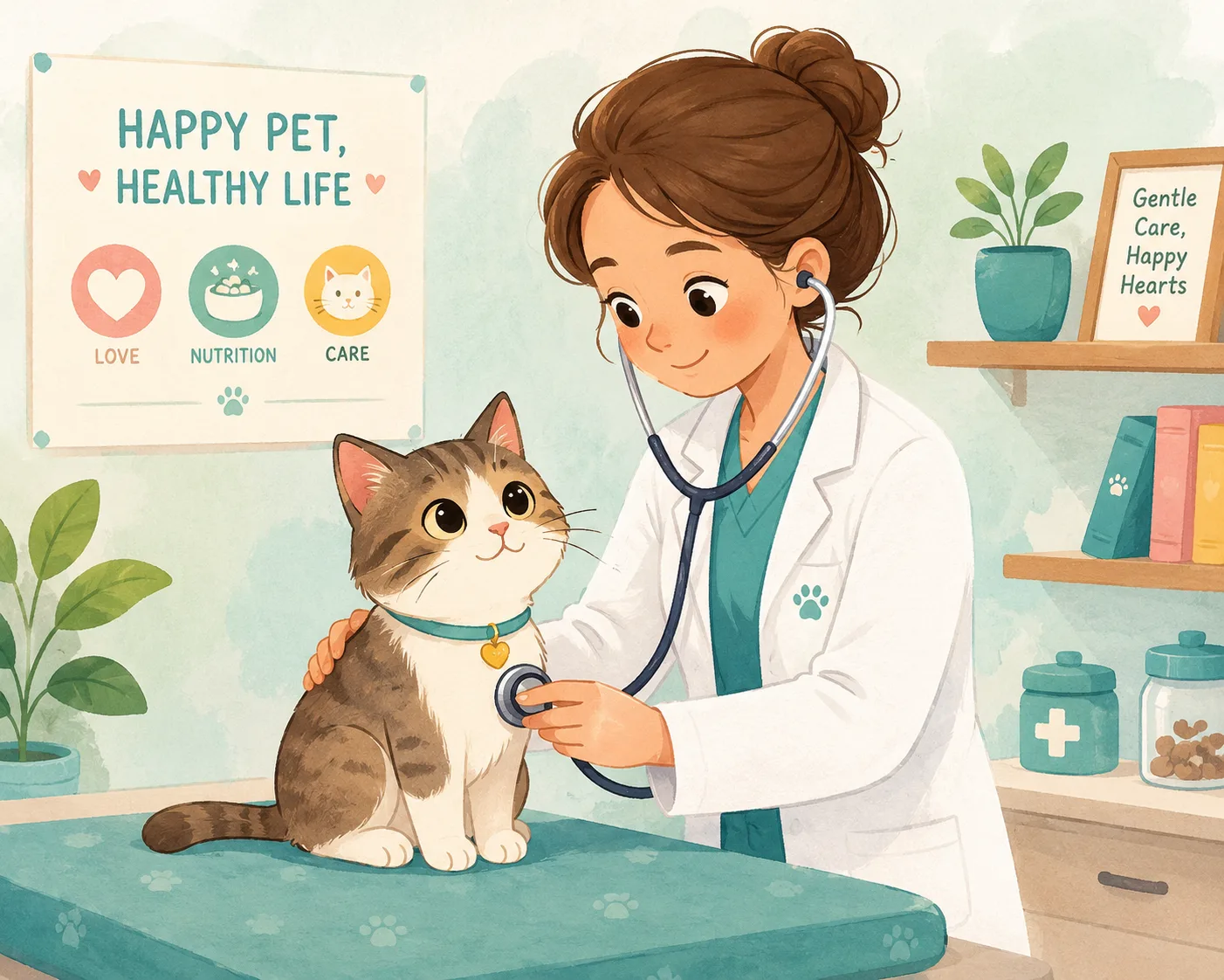 Stylized cartoon cat getting a gentle wellness check at a veterinary clinic
