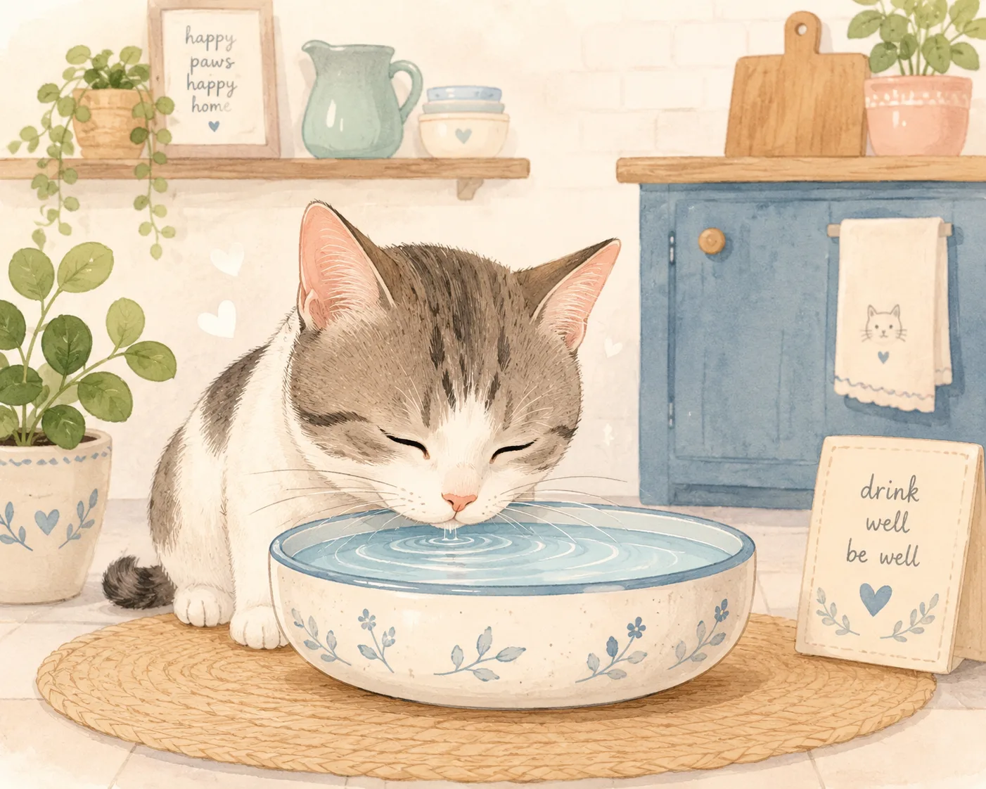 Cat comfortably drinking from a wide shallow water bowl