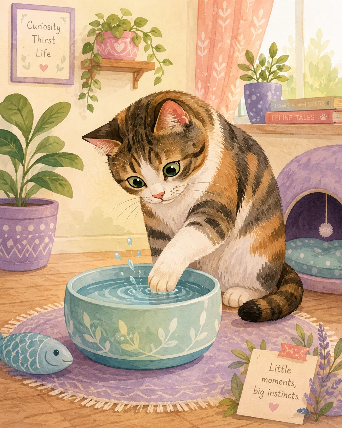 Curious cat dipping its paw into a water bowl before drinking
