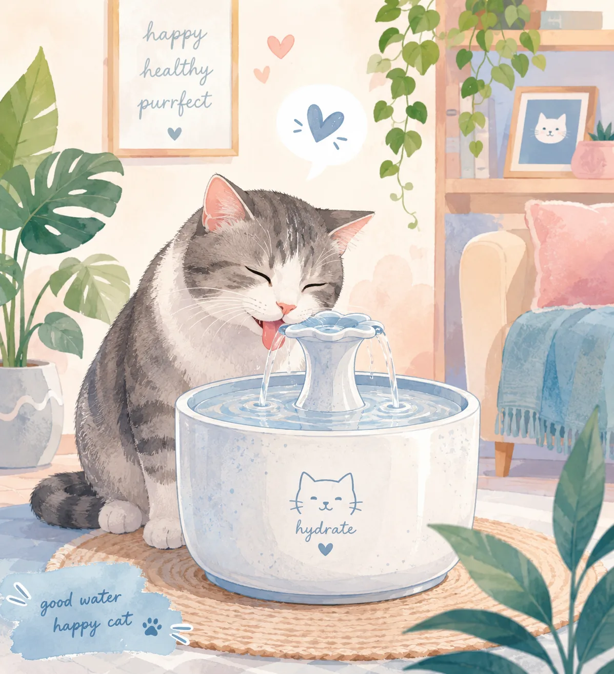 Happy indoor cat drinking from a flowing water fountain
