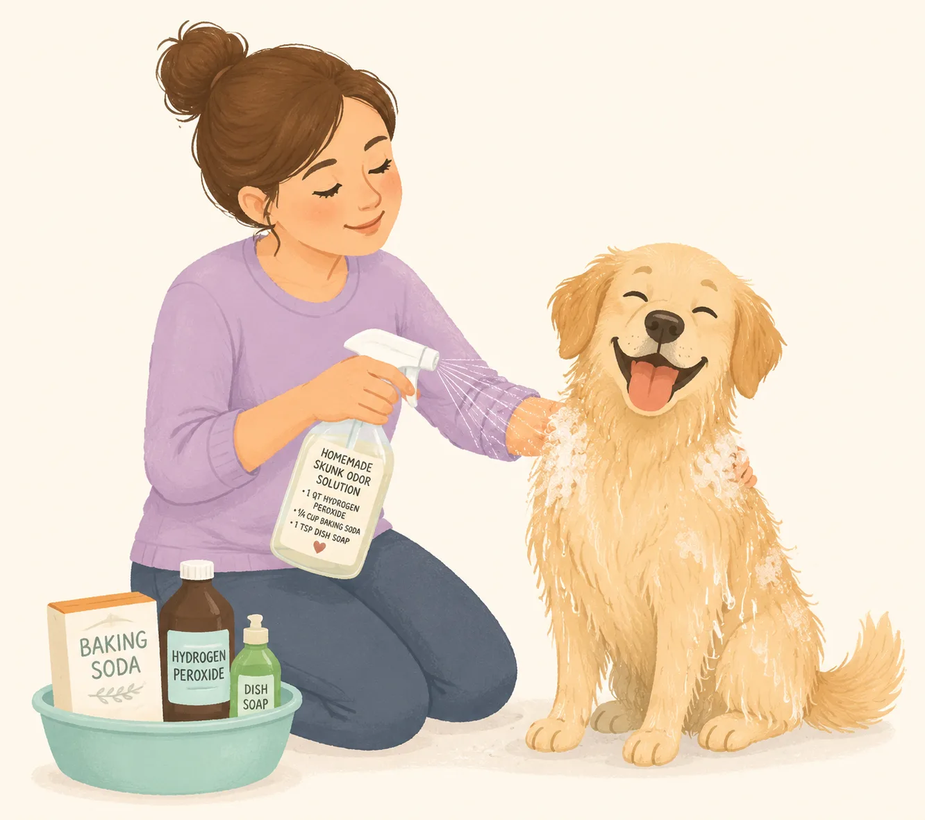 Owner applying homemade skunk odor remedy to dog