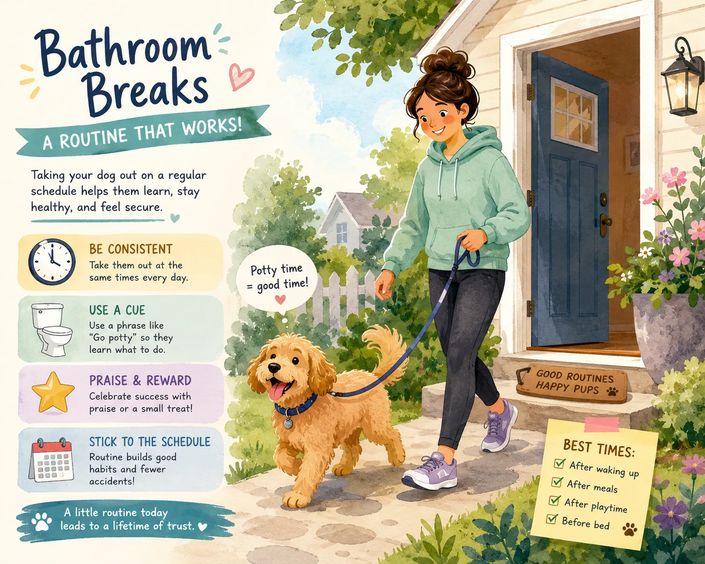 Dog owner guiding a dog through a consistent bathroom routine