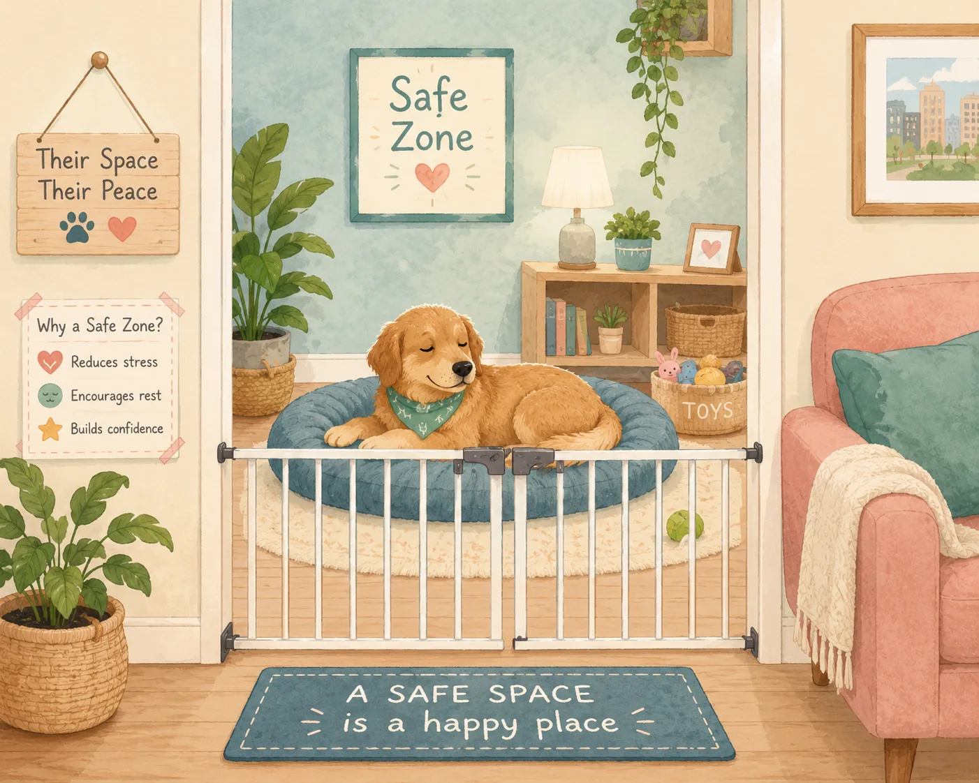 Dog resting calmly inside a safe indoor zone with a baby gate