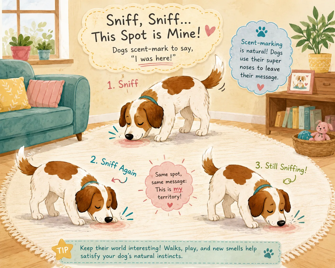 Dog sniffing the same carpet spot repeatedly indoors
