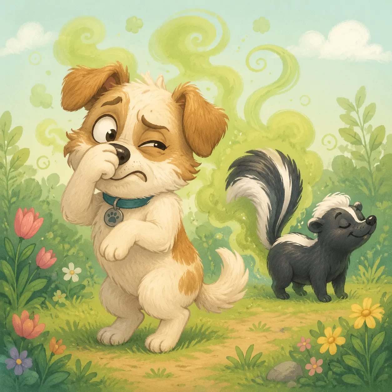 Dog looking uncomfortable after skunk encounter