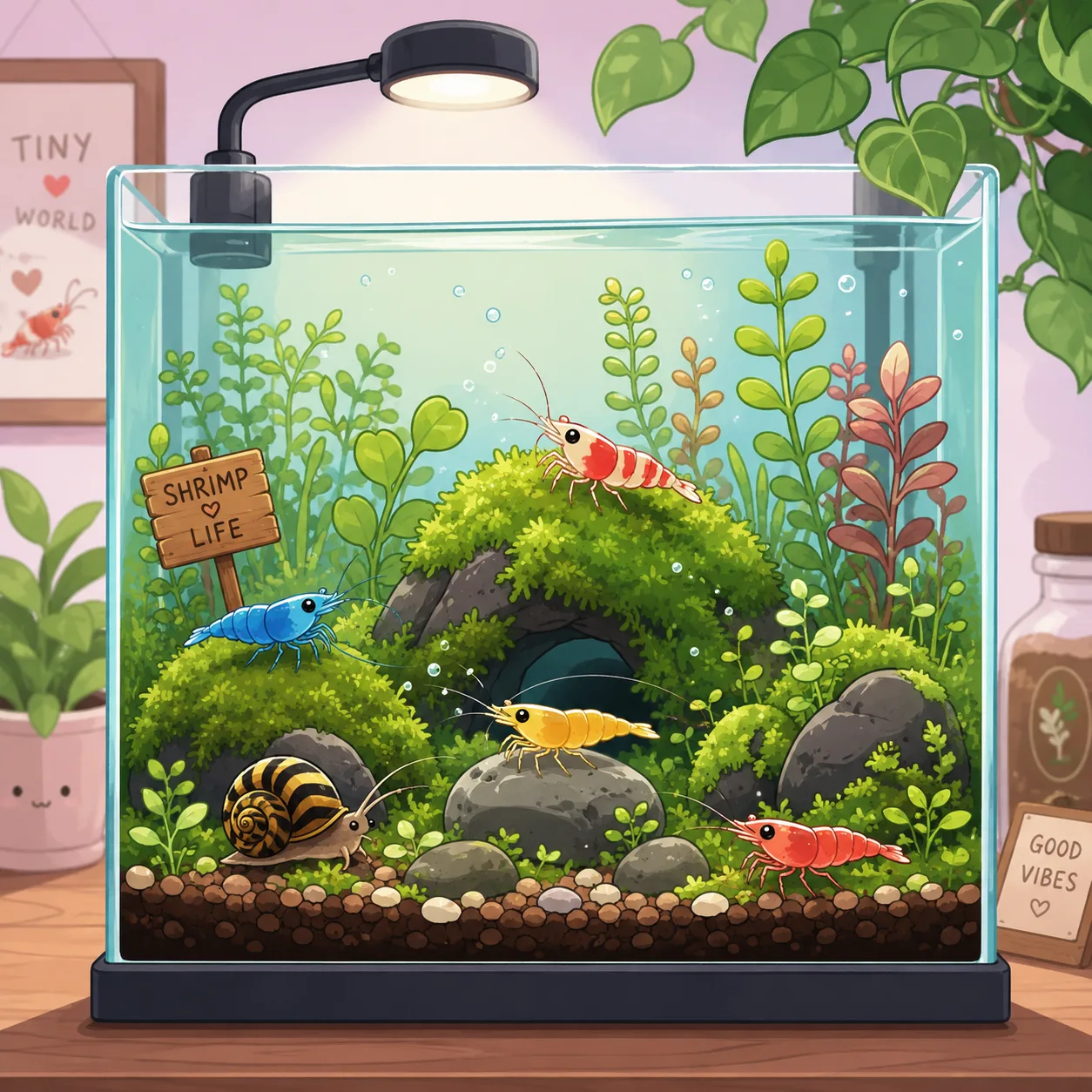 Colorful dwarf shrimp and nerite snail exploring a planted nano aquarium