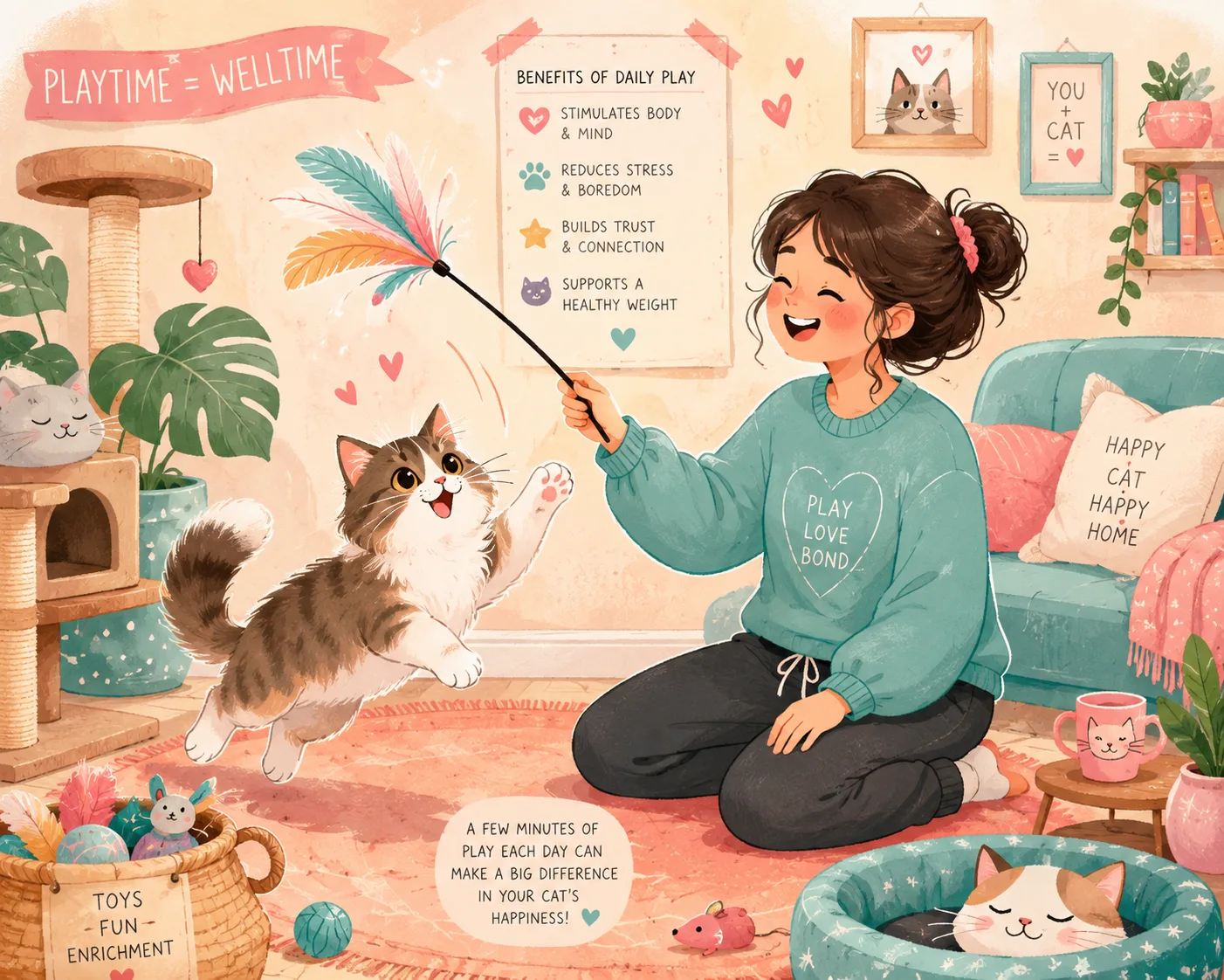 Cute pastel illustration of a person playing interactively with a cat using a feather toy