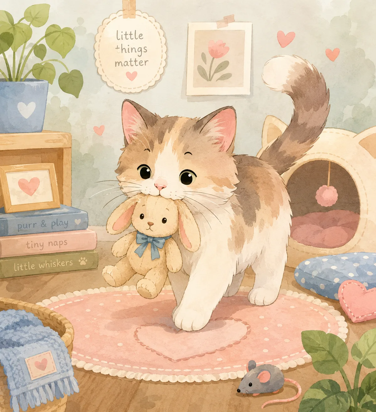 Whimsical illustration of a cat gently carrying a plush toy like a kitten