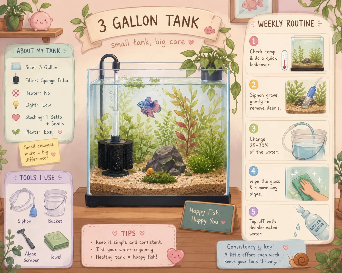 Soft illustrated nano aquarium maintenance routine with plants and sponge filter