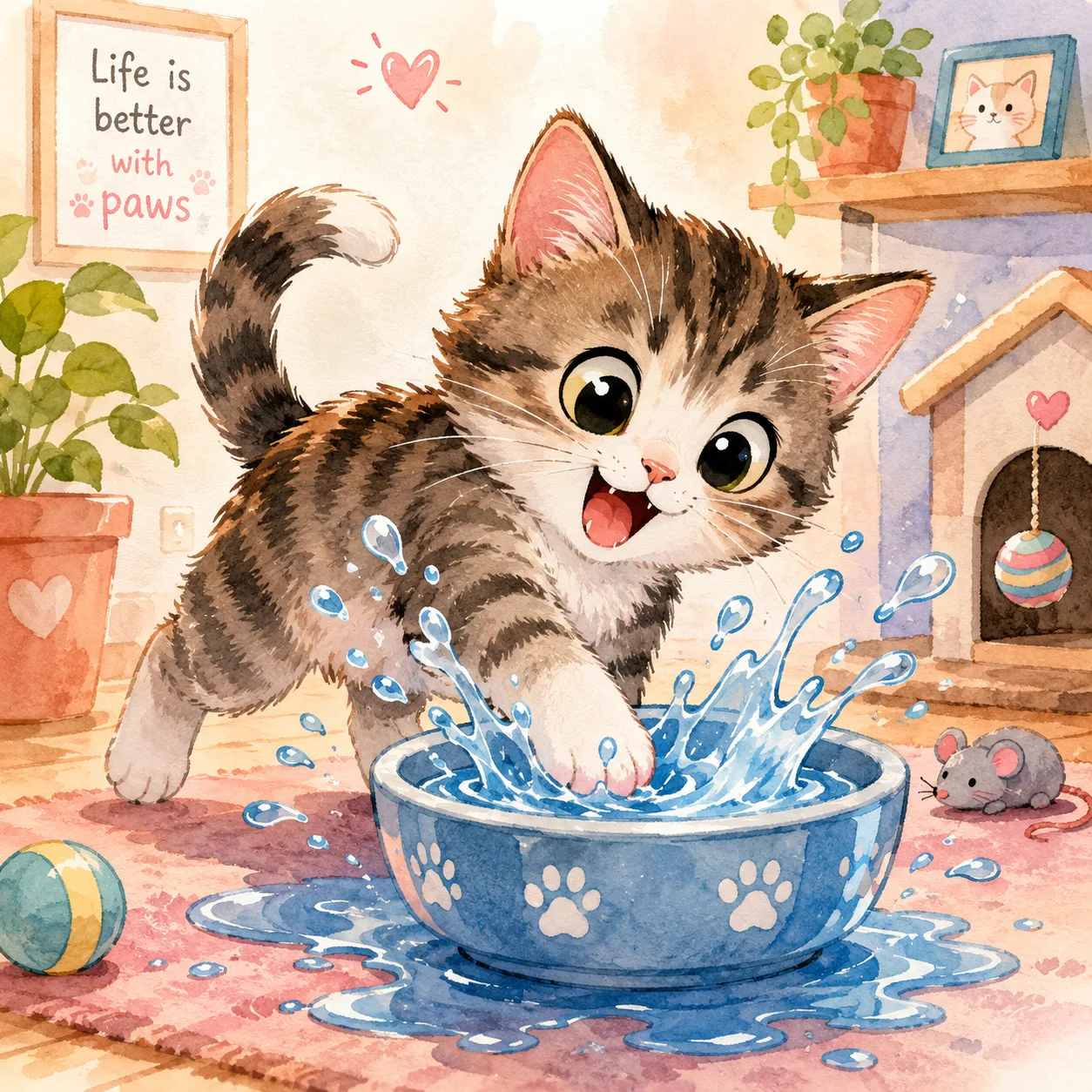 Playful kitten splashing water from a bowl during playtime