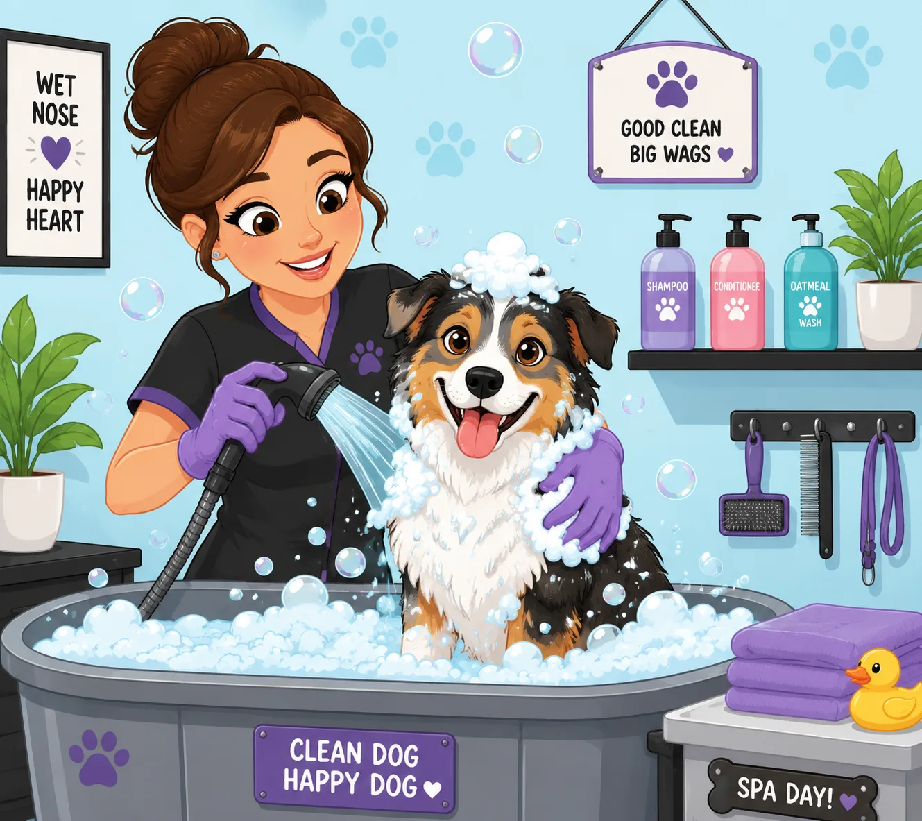 Professional groomer cleaning a dog after skunk spray