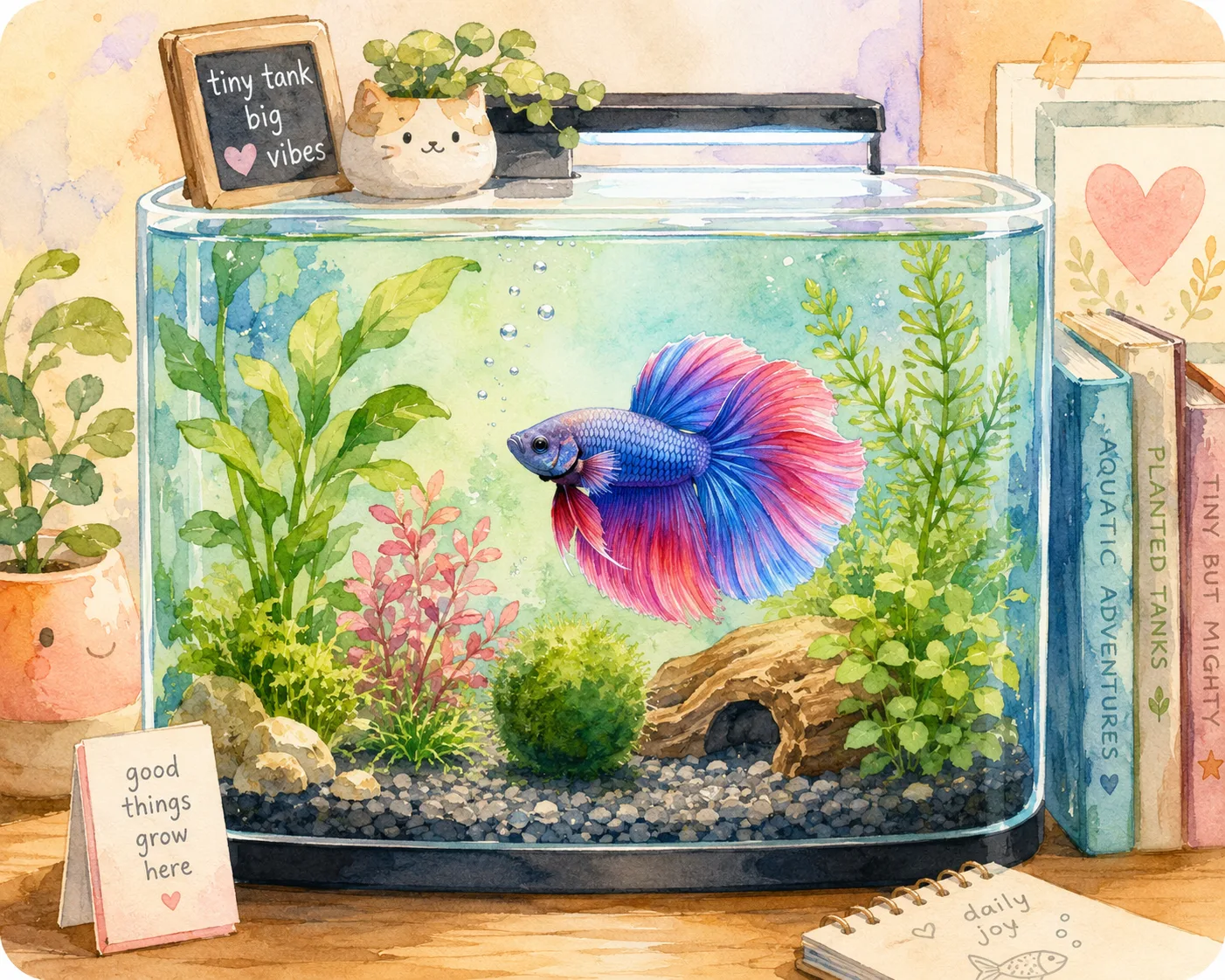 Whimsical Betta fish living inside a tiny planted 3 gallon aquarium